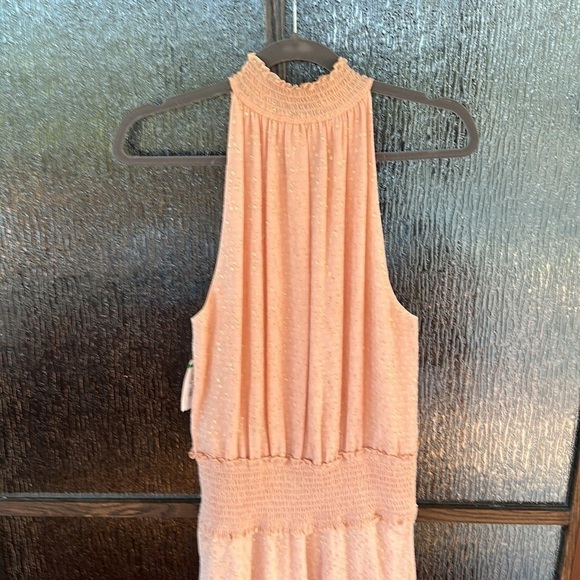 A L C peach sleeveless dress with gold threading throughout New with tags size 6 - Picture 9 of 11